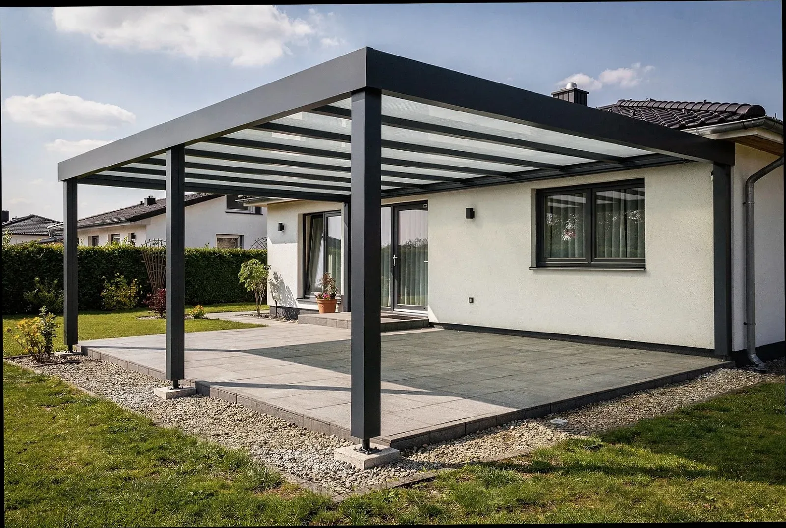 Fertige Glas-Terrassenüberdachung bei Sonnenschein in Kiel